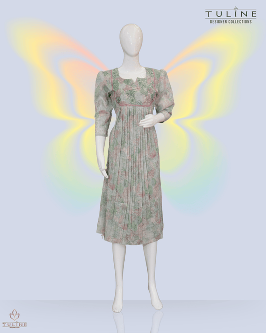 Pleated Top – Light Granite Green Linen with Mirror-Embroidered Yoke - Product Code 10351