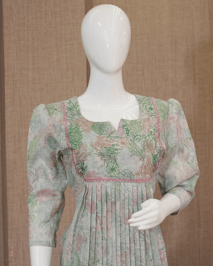Pleated Top – Light Granite Green Linen with Mirror-Embroidered Yoke - Product Code 10351