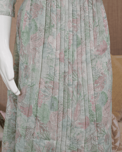 Pleated Top – Light Granite Green Linen with Mirror-Embroidered Yoke - Product Code 10351