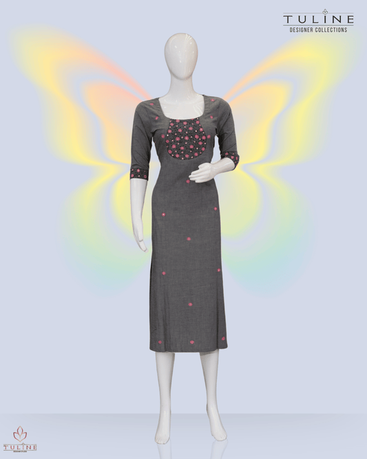 Slit Top – Dark Grey Cotton with Floral Sequin Yoke and Pink Flower Buttas - Product Code 10352