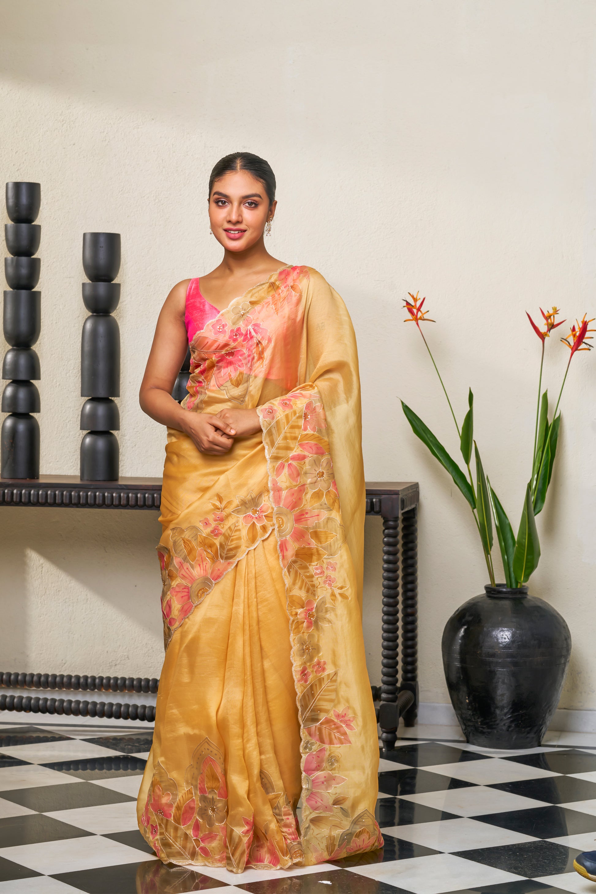 Baby Pink & Yellow Organza Silk Saree