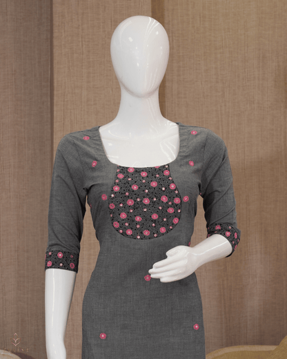 Slit Top – Dark Grey Cotton with Floral Sequin Yoke and Pink Flower Buttas - Product Code 10352