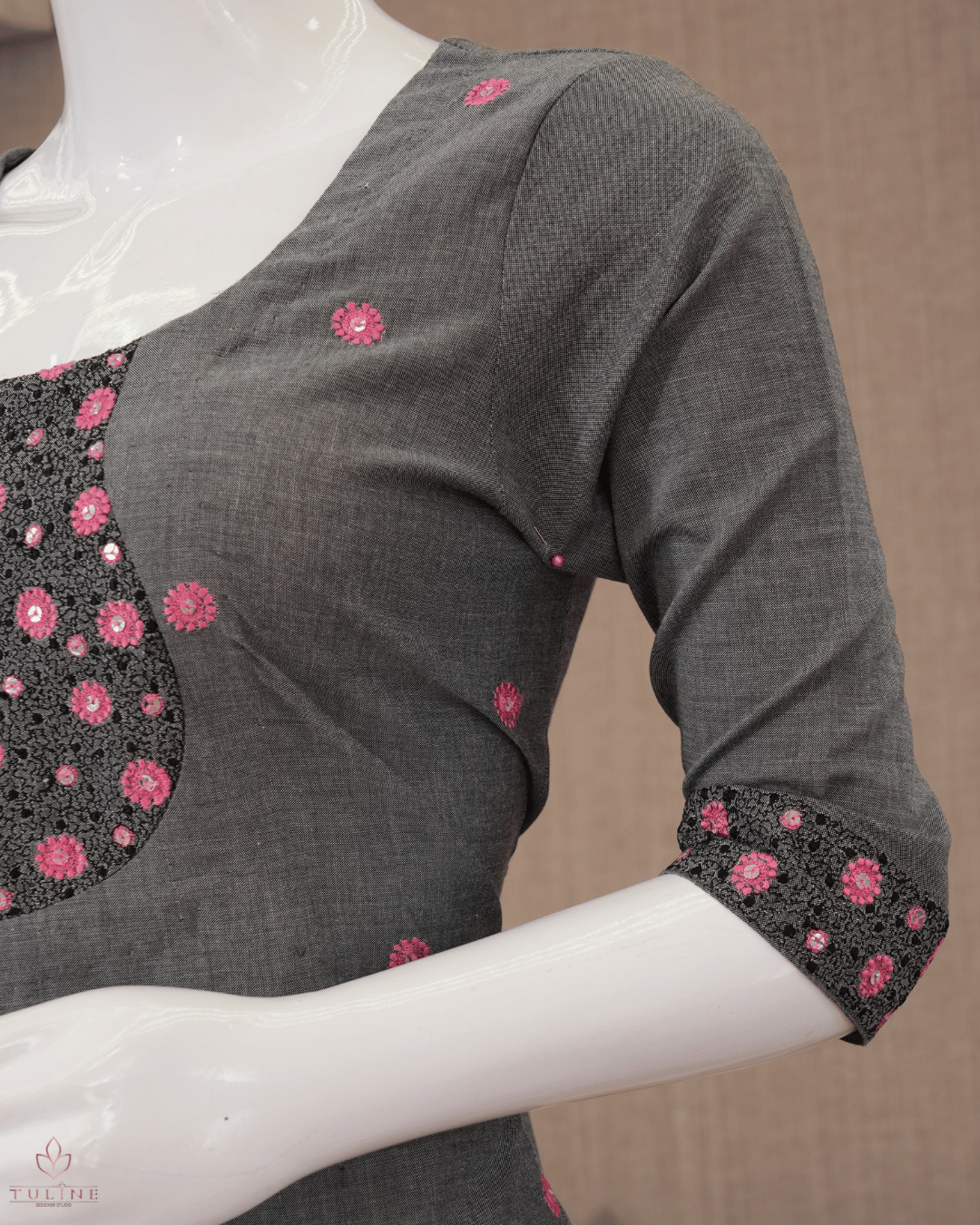 Slit Top – Dark Grey Cotton with Floral Sequin Yoke and Pink Flower Buttas - Product Code 10352
