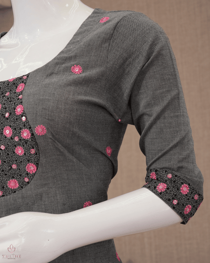Slit Top – Dark Grey Cotton with Floral Sequin Yoke and Pink Flower Buttas - Product Code 10352