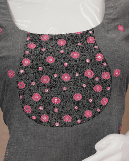 Slit Top – Dark Grey Cotton with Floral Sequin Yoke and Pink Flower Buttas - Product Code 10352