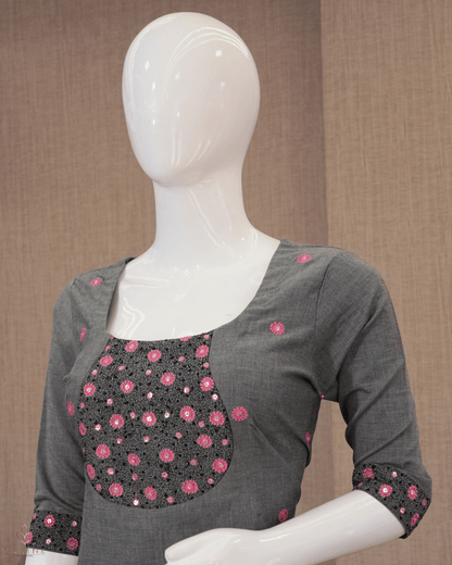 Slit Top – Dark Grey Cotton with Floral Sequin Yoke and Pink Flower Buttas - Product Code 10352