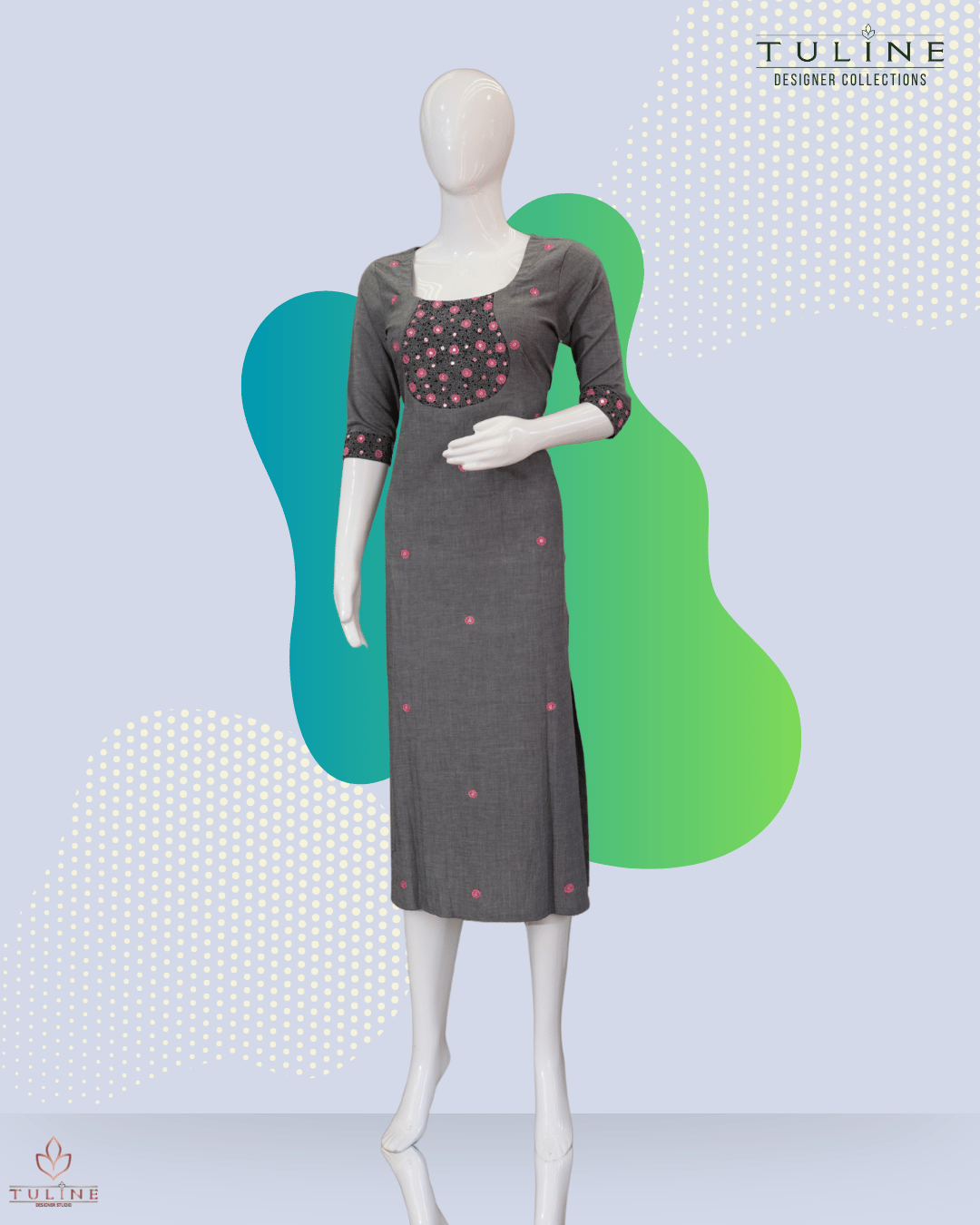 Slit Top – Dark Grey Cotton with Floral Sequin Yoke and Pink Flower Buttas - Product Code 10352