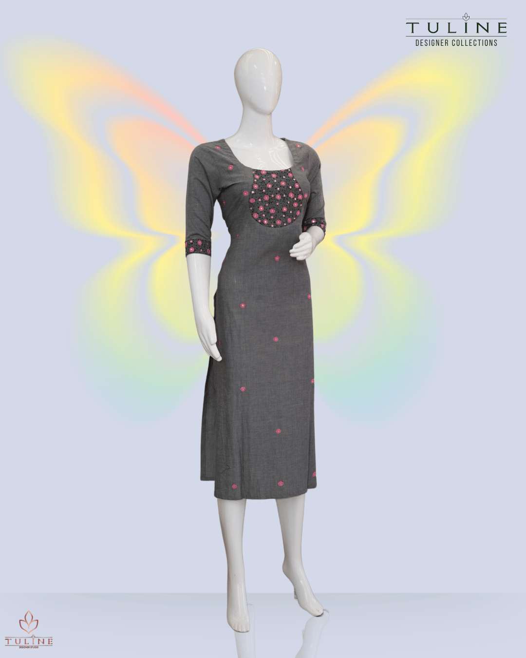 Slit Top – Dark Grey Cotton with Floral Sequin Yoke and Pink Flower Buttas - Product Code 10352