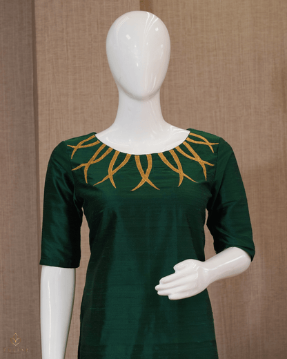 Slitted Top – Raw Silk with Golden Machine Embroidery - Product Code 10353