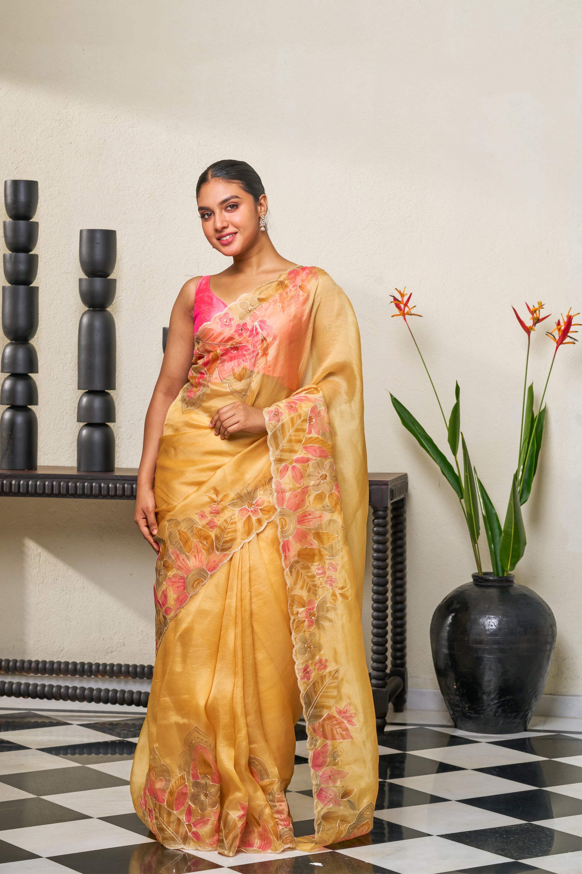 Baby Pink & Yellow Organza Silk Saree