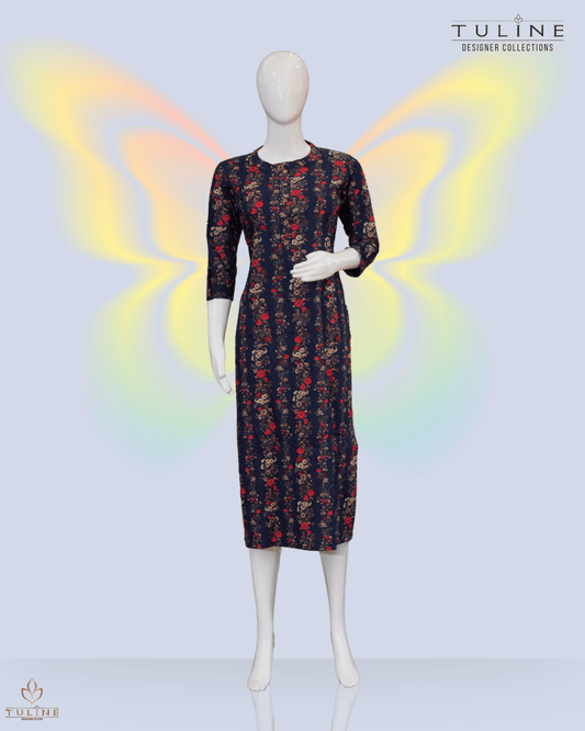 Slitted Cotton Top – Blue Base with Floral Prints, Collar Neck &amp; Wooden Buttons - Product Code 10354