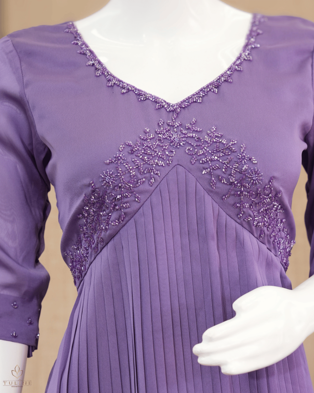 Beaded Yoke Deep Lavender Chiffon Glazing Aliya Top - Product Code 10313