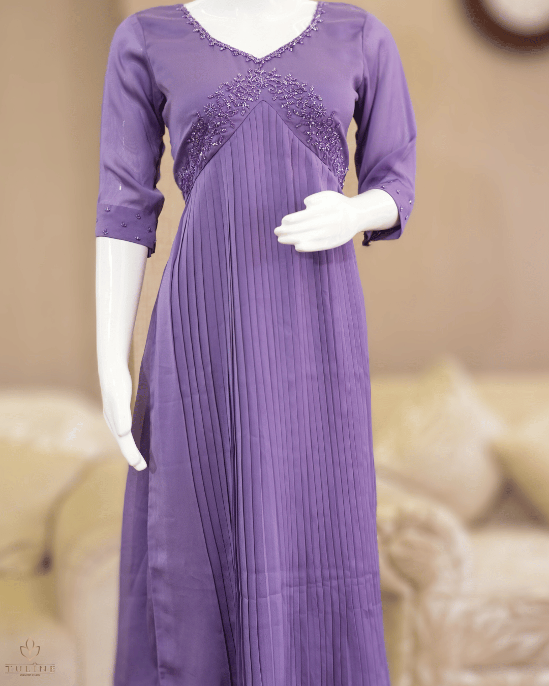 Beaded Yoke Deep Lavender Chiffon Glazing Aliya Top - Product Code 10313