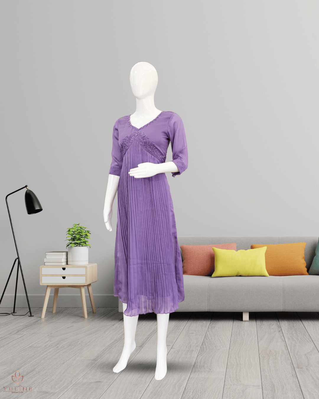 Beaded Yoke Deep Lavender Chiffon Glazing Aliya Top - Product Code 10313