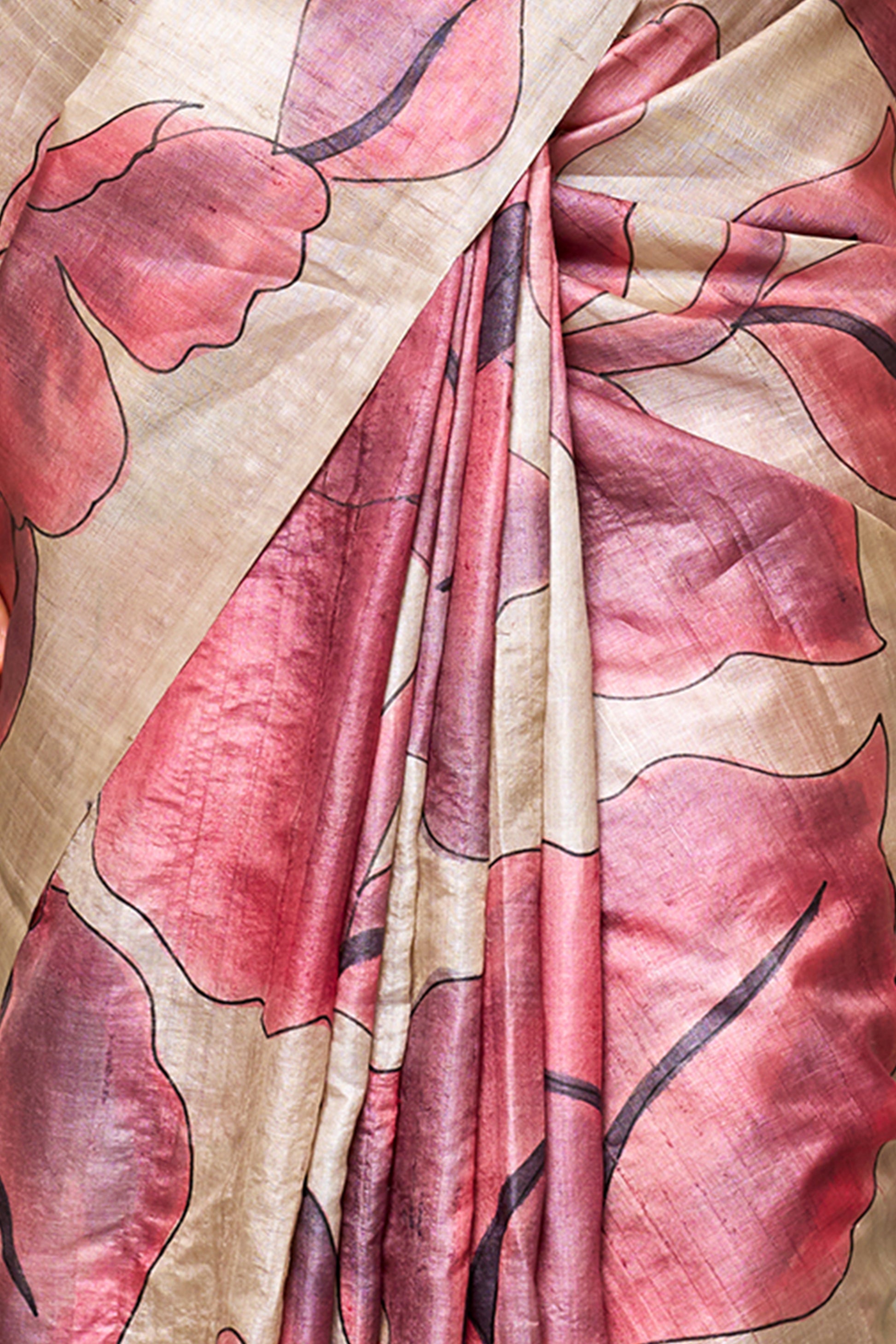 Warm Beige Pink & Light Warm Grey Tussar Silk Saree