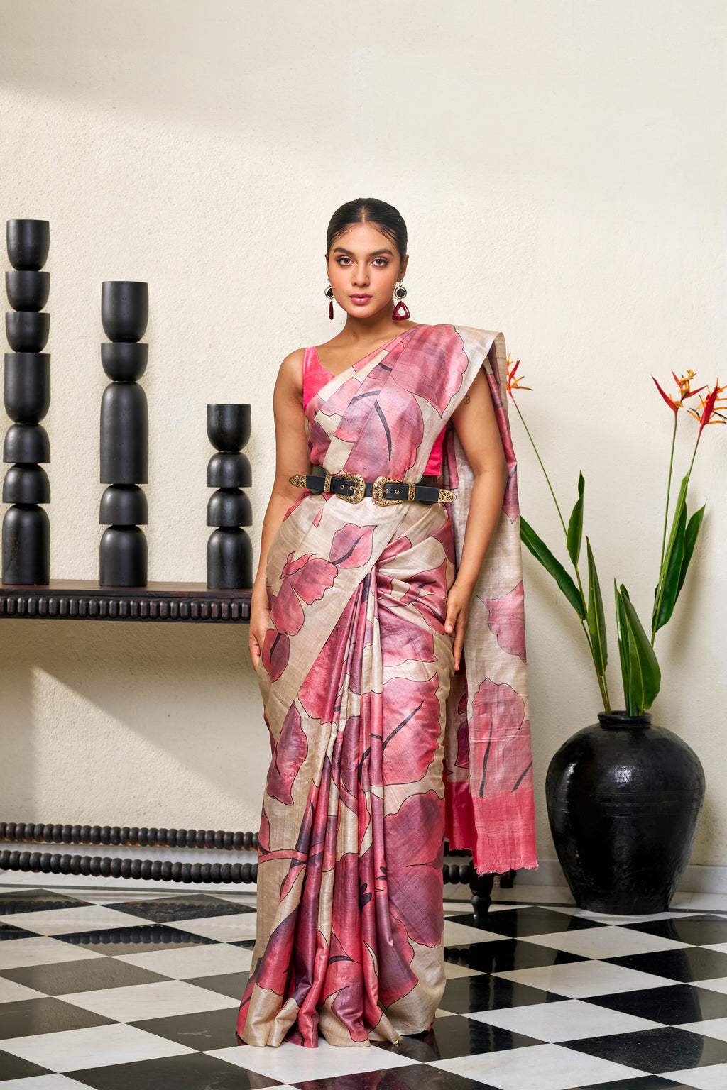 Warm Beige Pink & Light Warm Grey Tussar Silk Saree