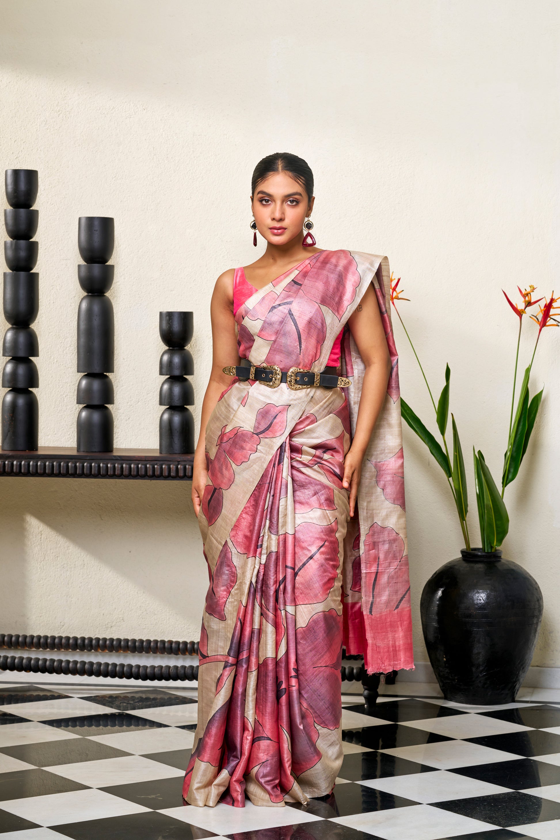 Warm Beige Pink & Light Warm Grey Tussar Silk Saree