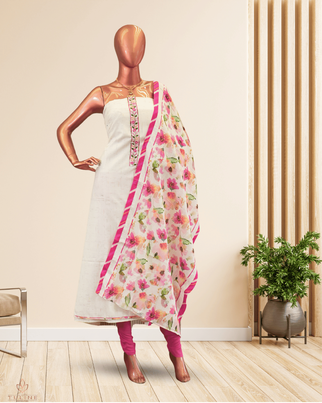 Linen Churidar Set - Off White & Pink Mix - Product Code 10011