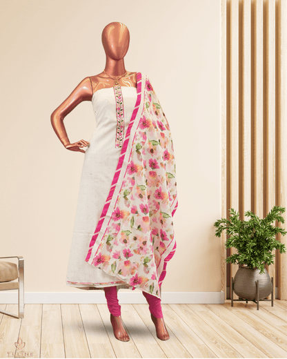 Linen Churidar Set - Off White & Pink Mix - Product Code 10011