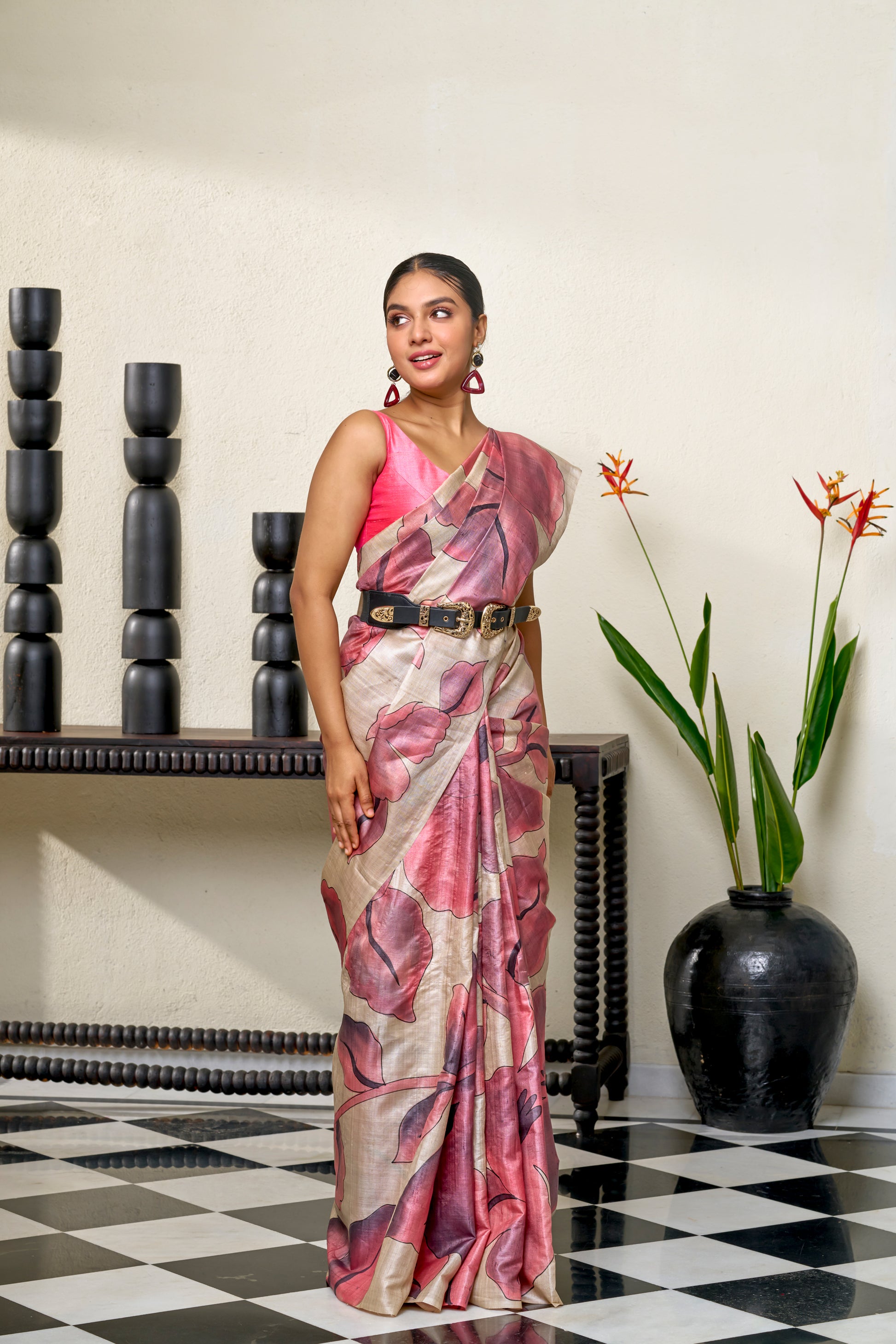 Warm Beige Pink & Light Warm Grey Tussar Silk Saree