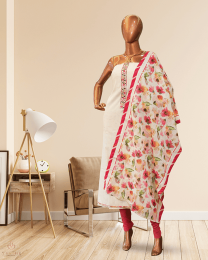 Linen Churidar Set - Off White & Pink Mix - Product Code 10011