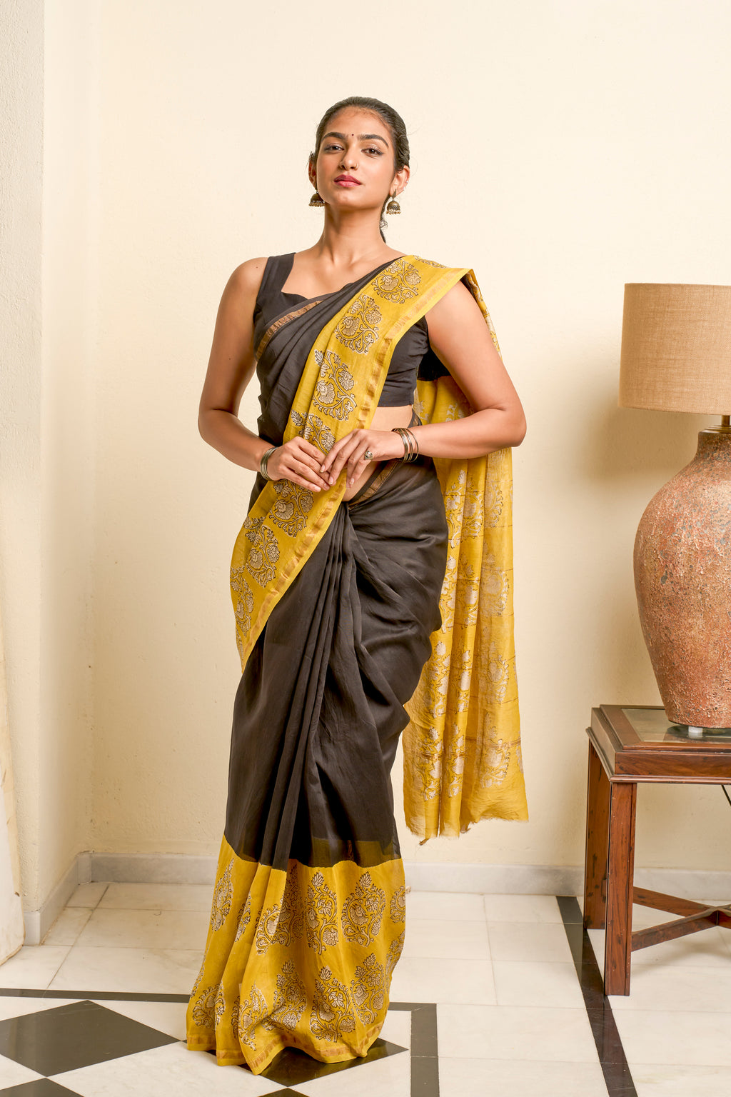 Black & Yellow Chanderi Silk Saree