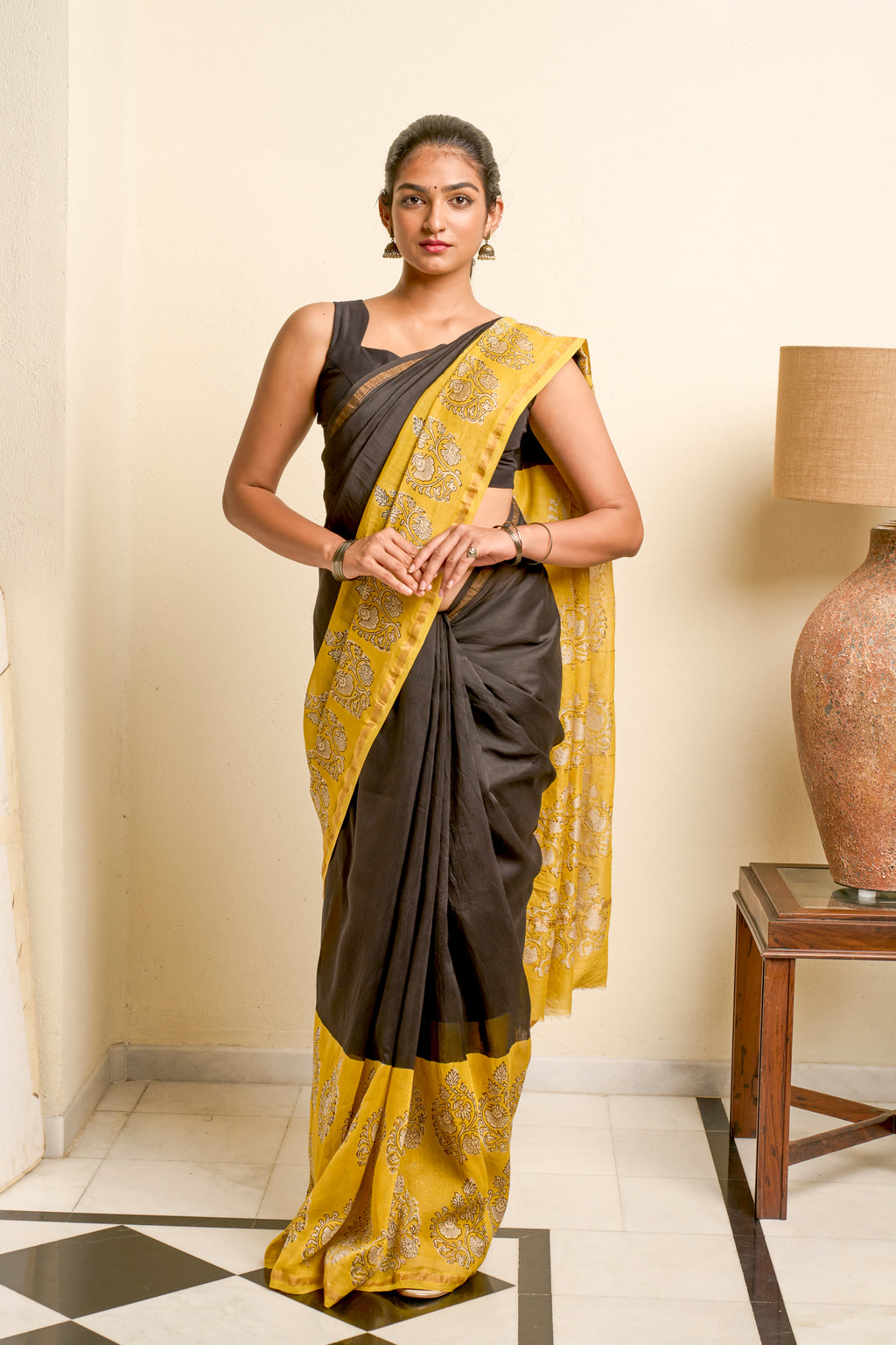 Black & Yellow Chanderi Silk Saree