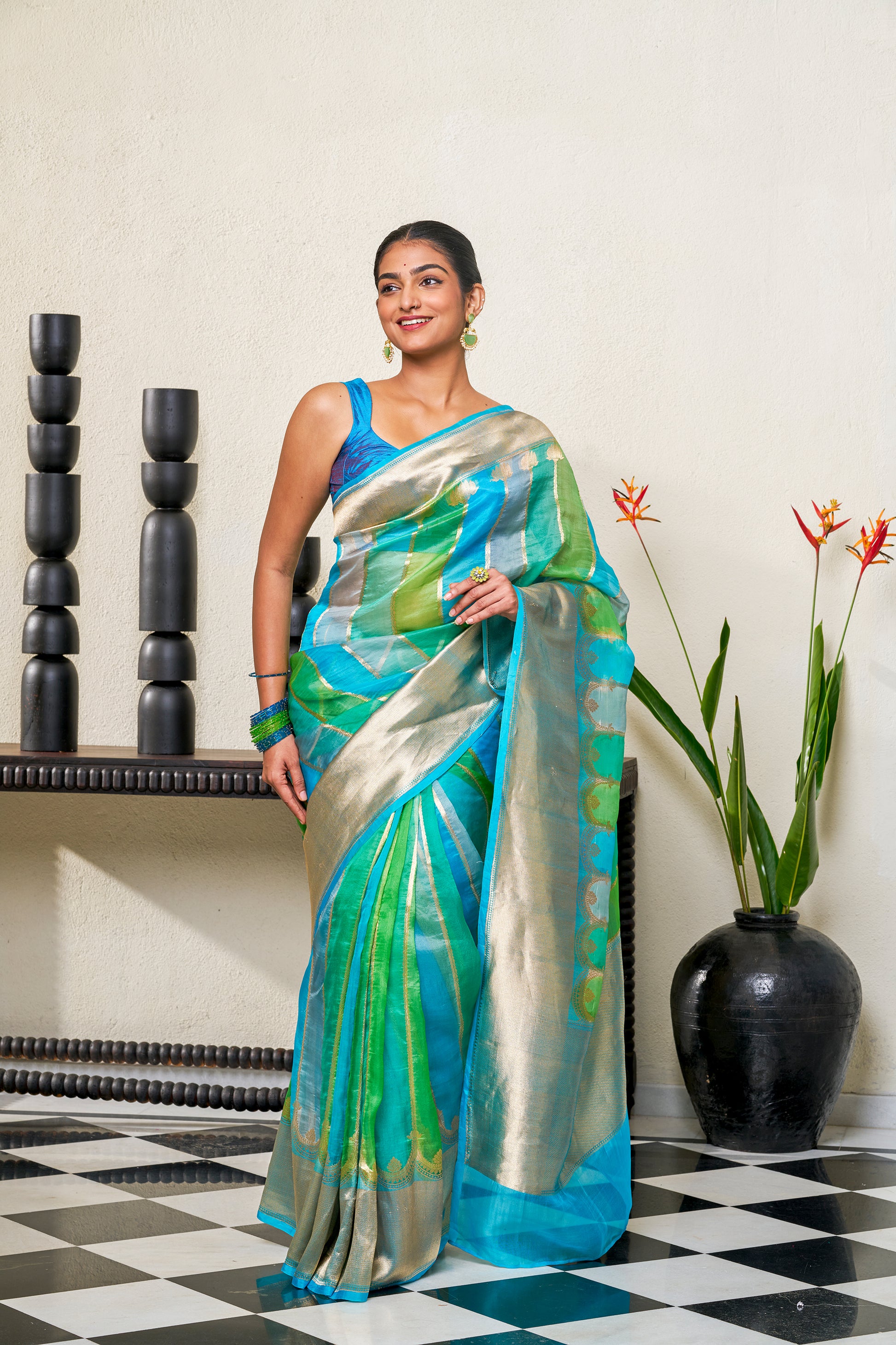 Teal Blue & Light Teal Green Organza Silk Saree