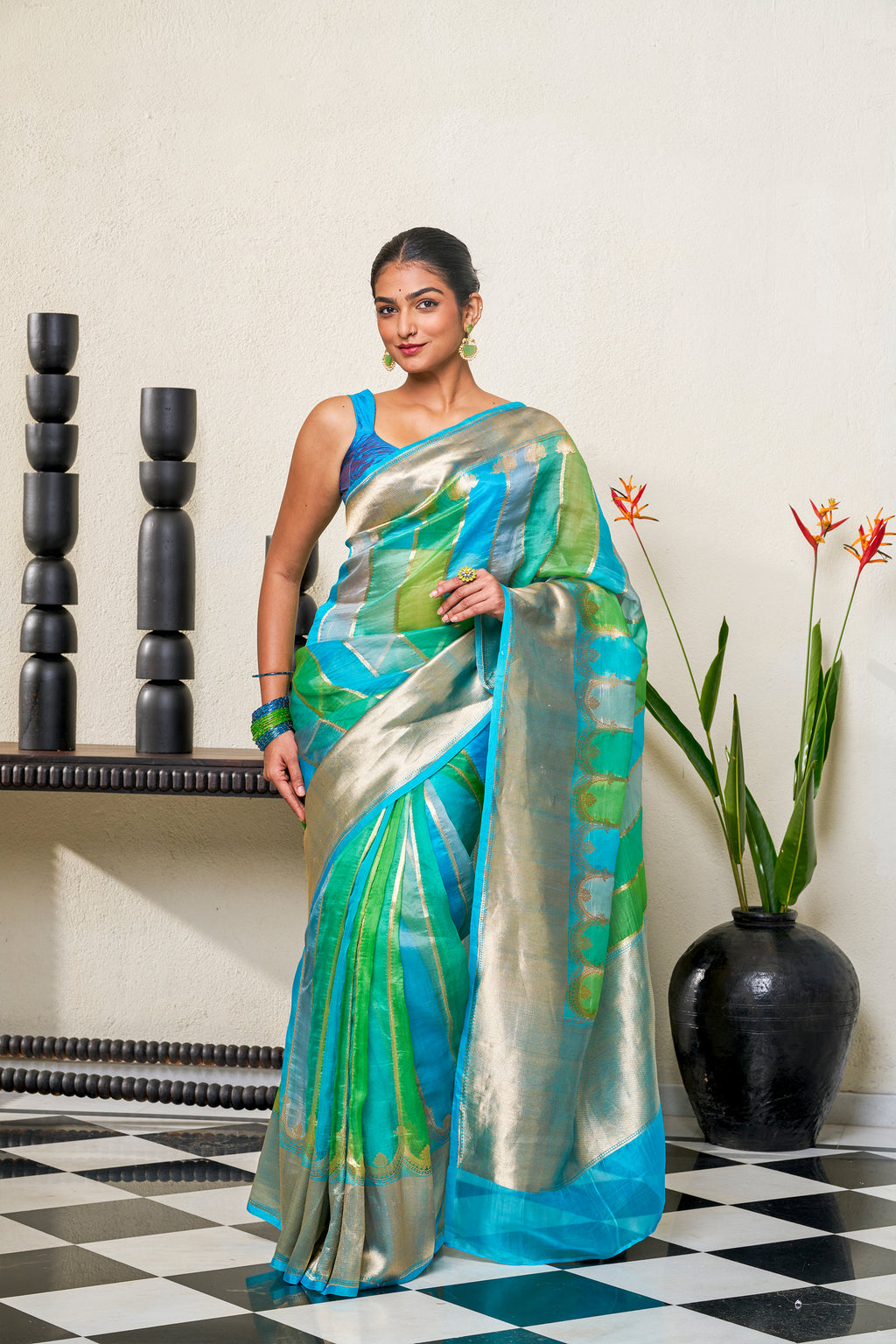 Teal Blue & Light Teal Green Organza Silk Saree