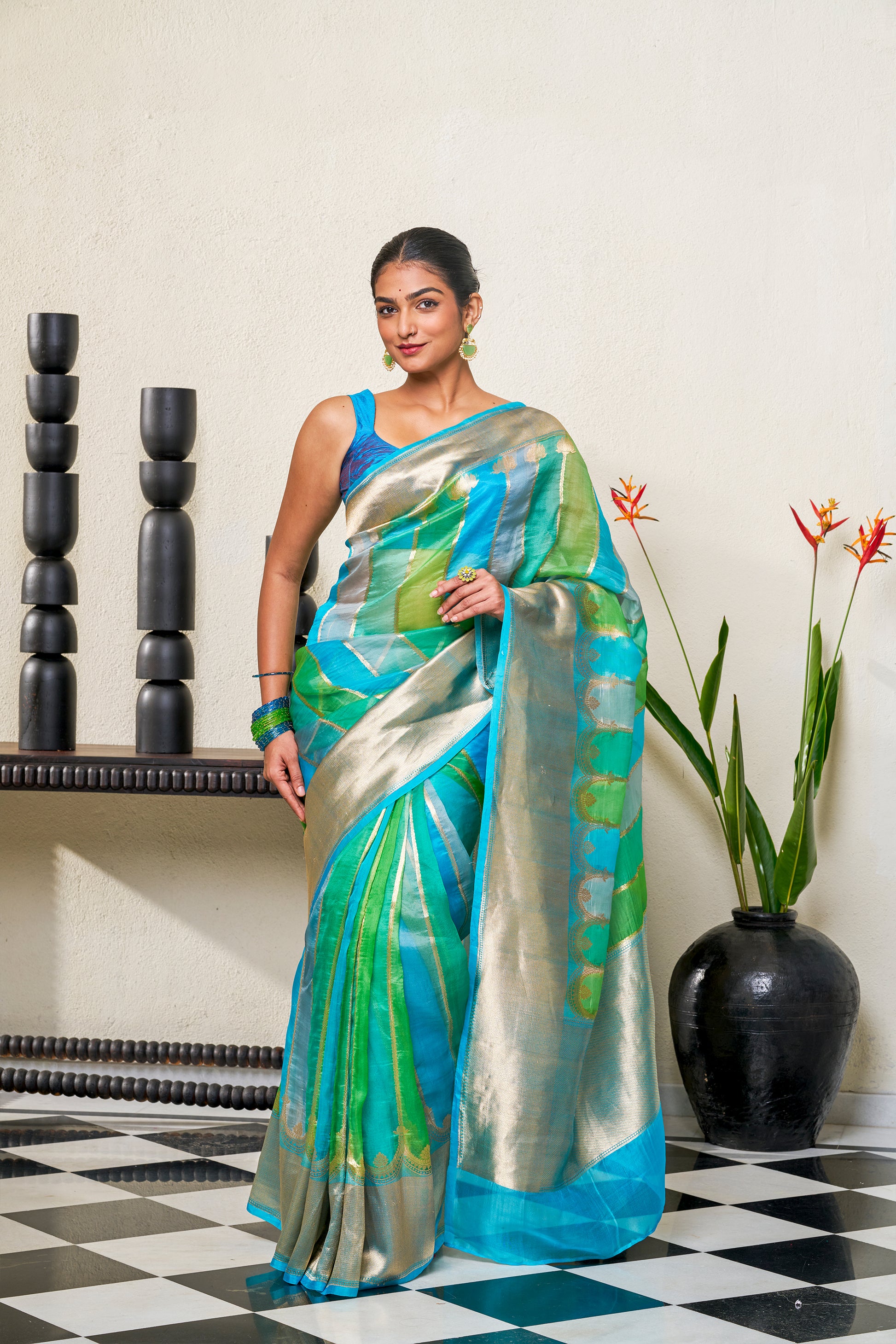 Teal Blue & Light Teal Green Organza Silk Saree
