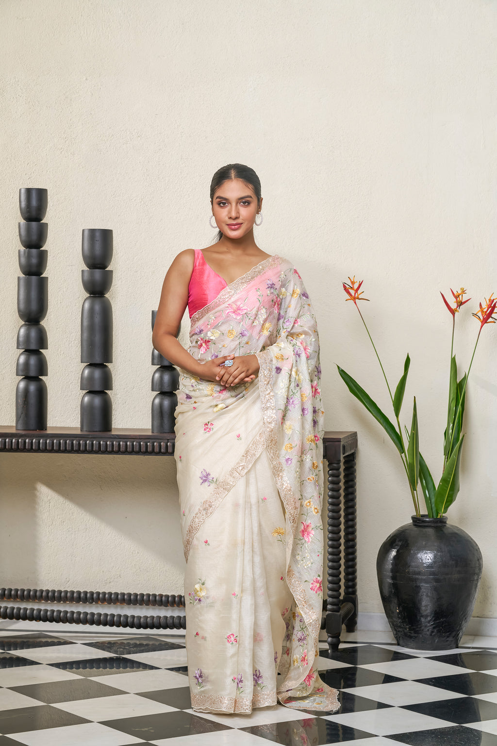 Off White Net Cotta Saree