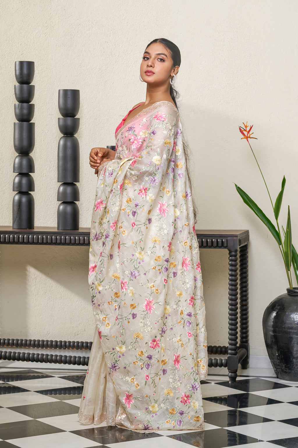 Off White Net Cotta Saree