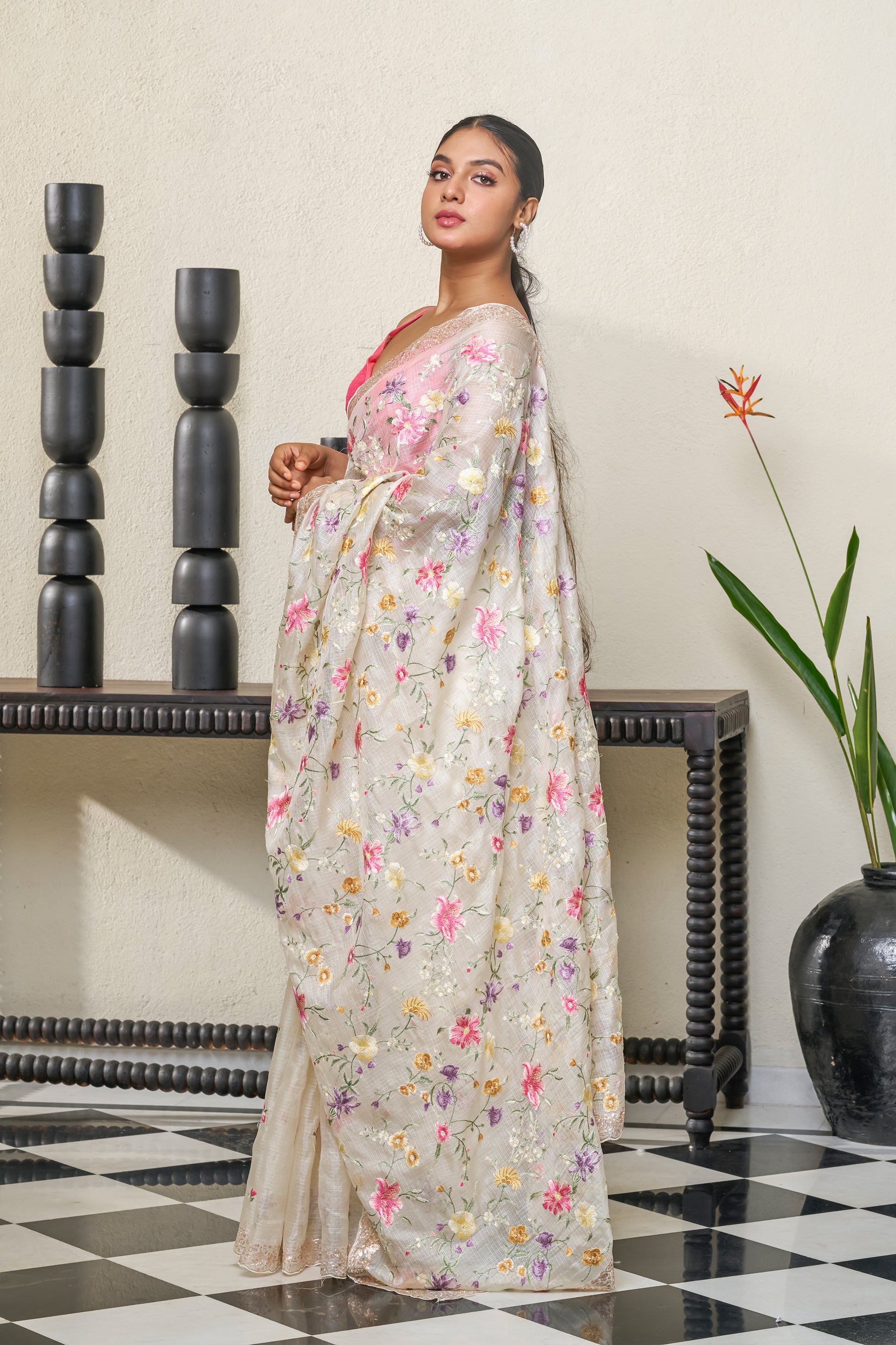 Off White Net Cotta Saree