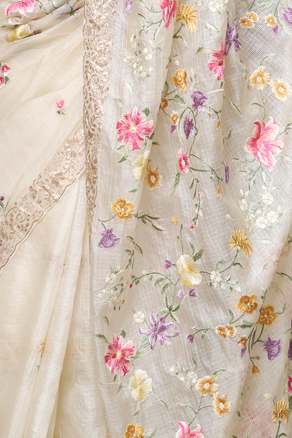 Off White Net Cotta Saree