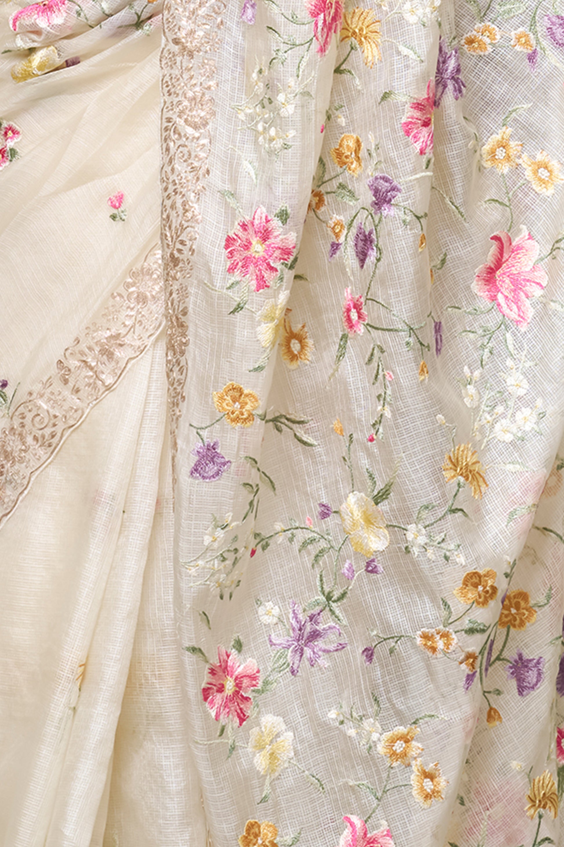 Off White Net Cotta Saree