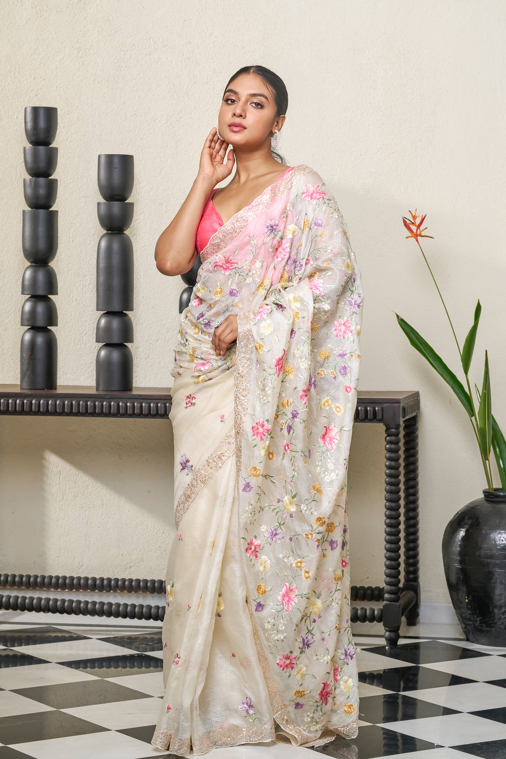 Off White Net Cotta Saree