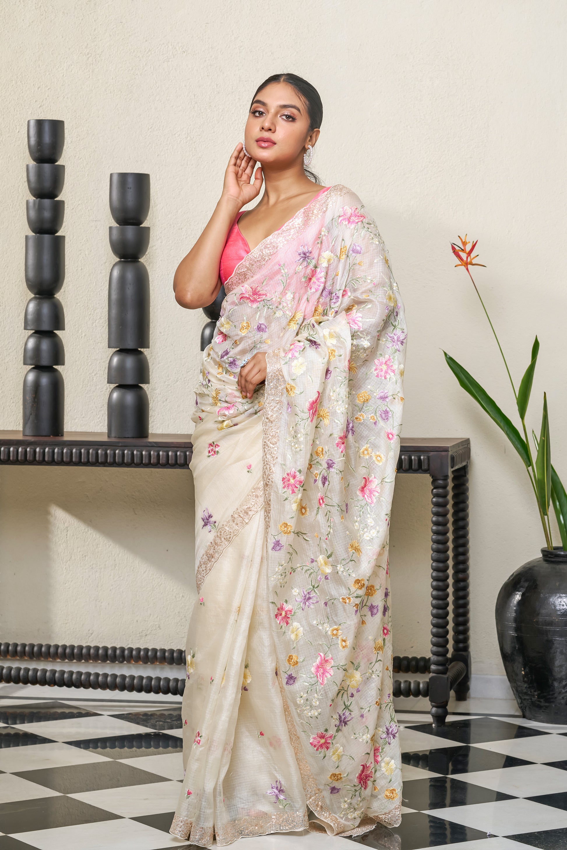 Off White Net Cotta Saree