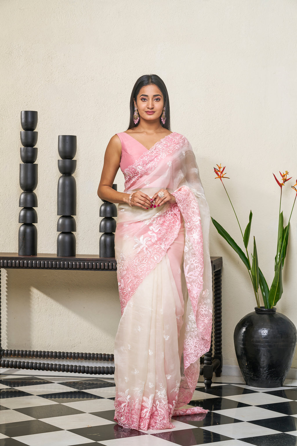 Baby Pink & Ivory White Organza Silk Saree