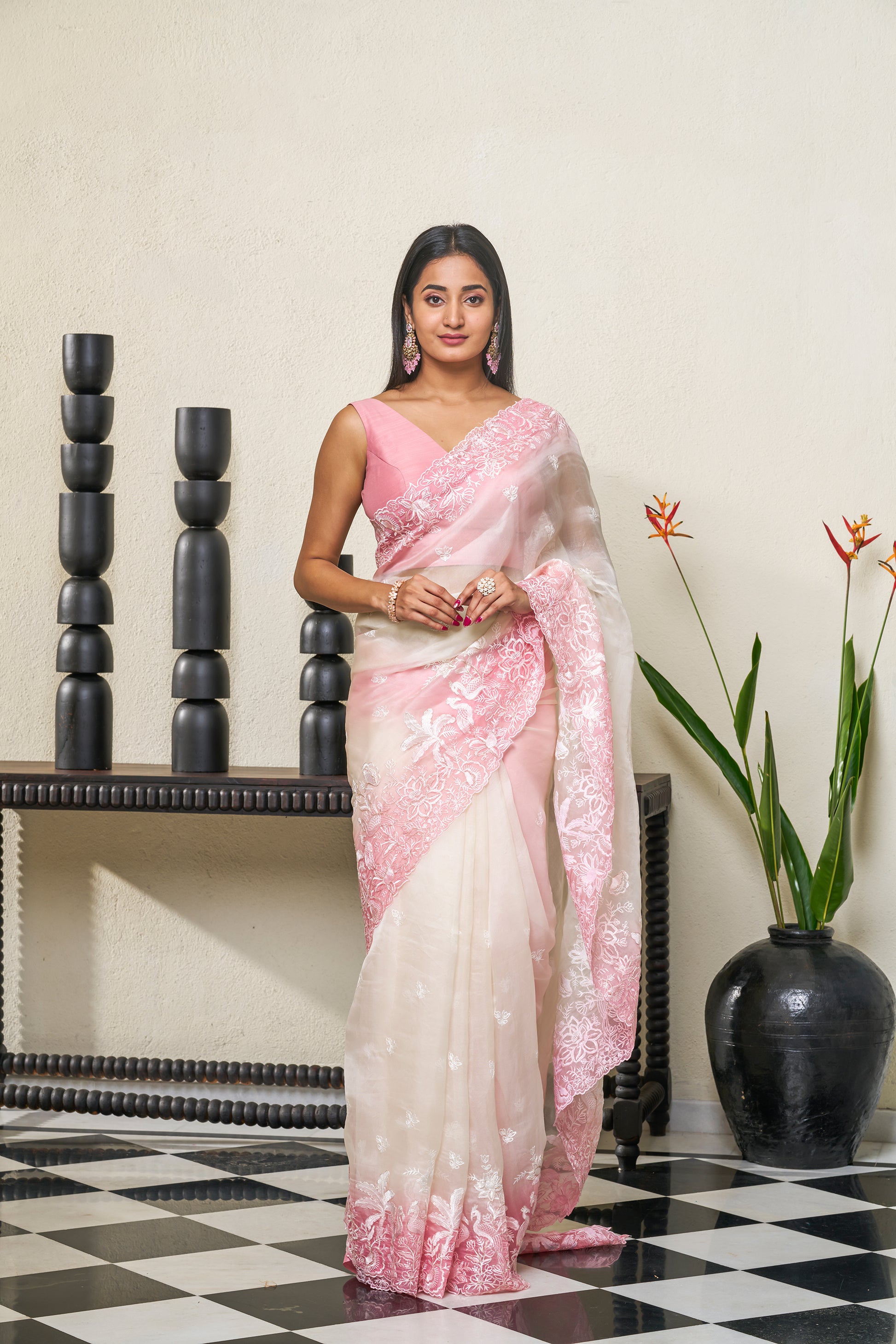 Baby Pink & Ivory White Organza Silk Saree