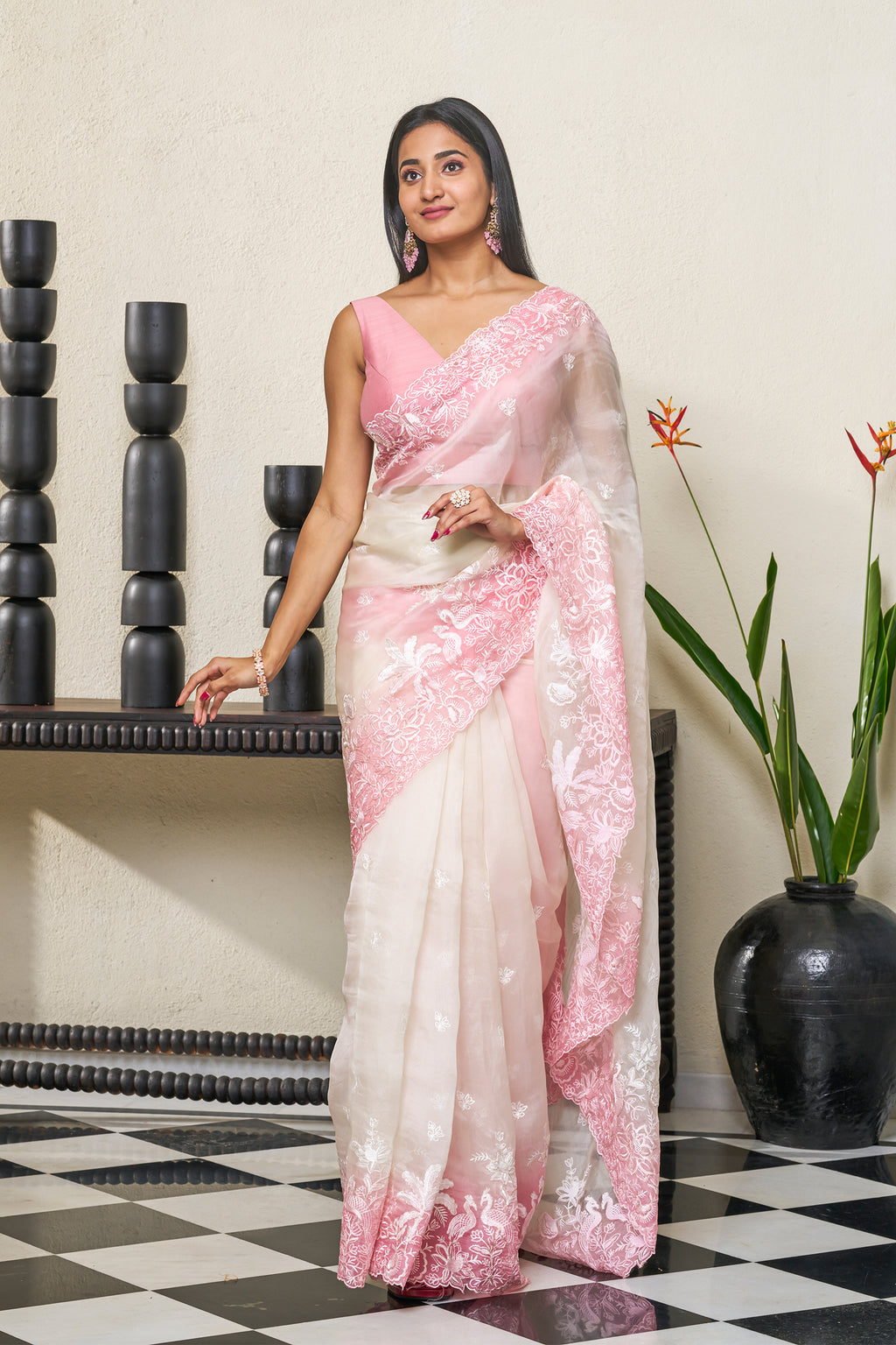 Baby Pink & Ivory White Organza Silk Saree
