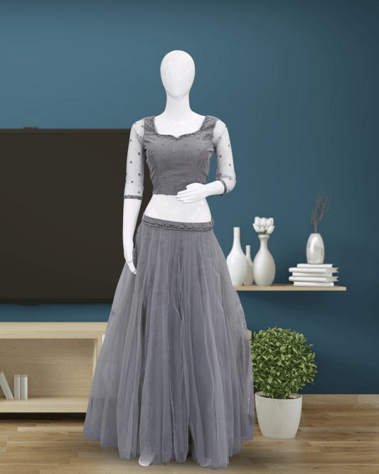 Elegant Cool Grey Net Skirt & Embellished Crop Top Set - Product Code 10296