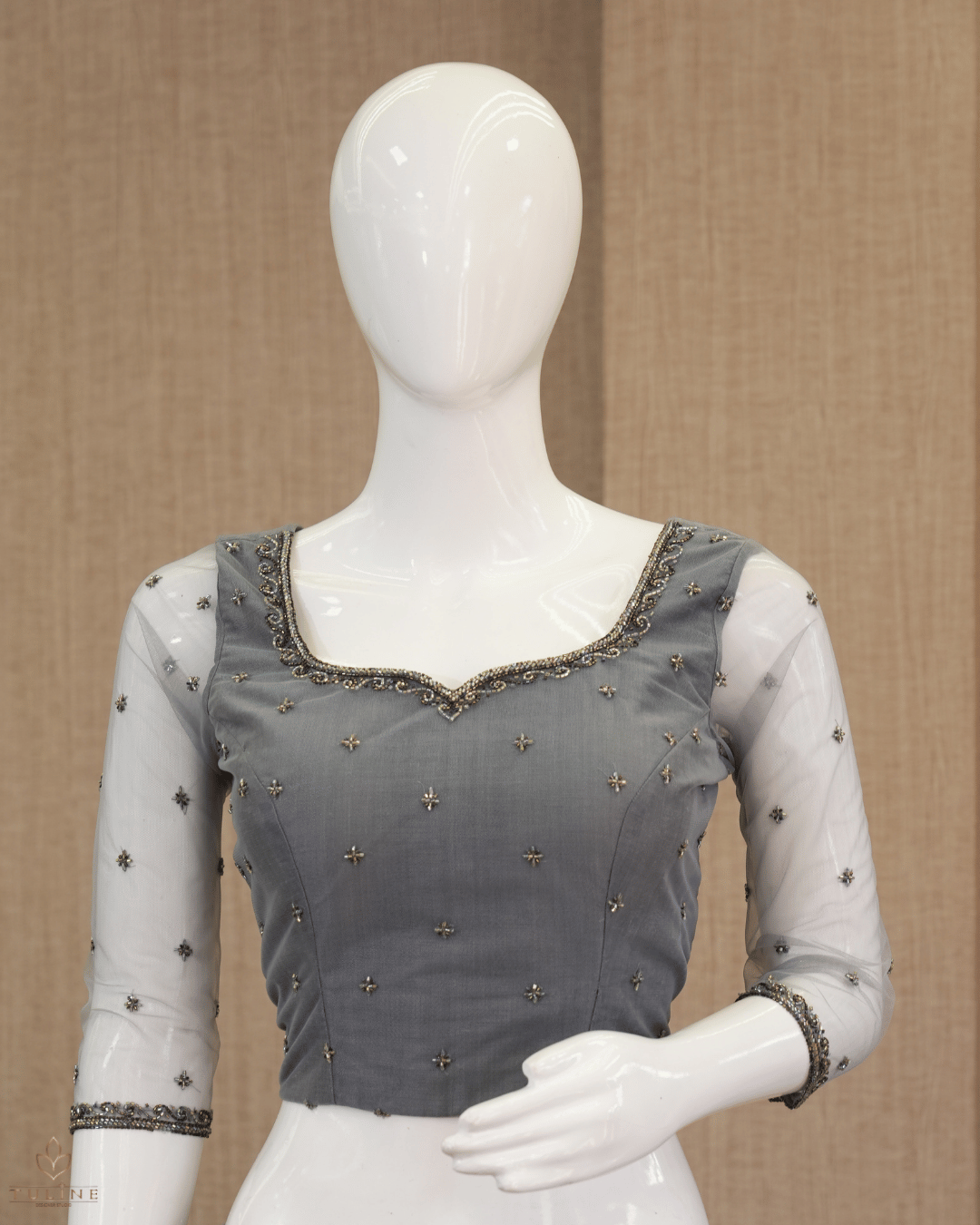 Elegant Cool Grey Net Skirt & Embellished Crop Top Set - Product Code 10296