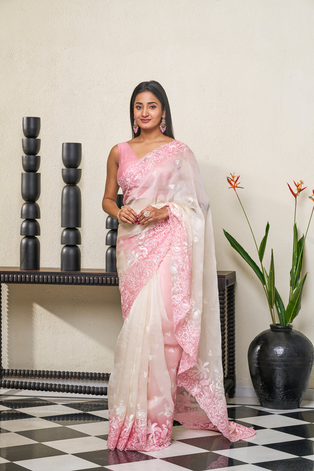 Baby Pink & Ivory White Organza Silk Saree