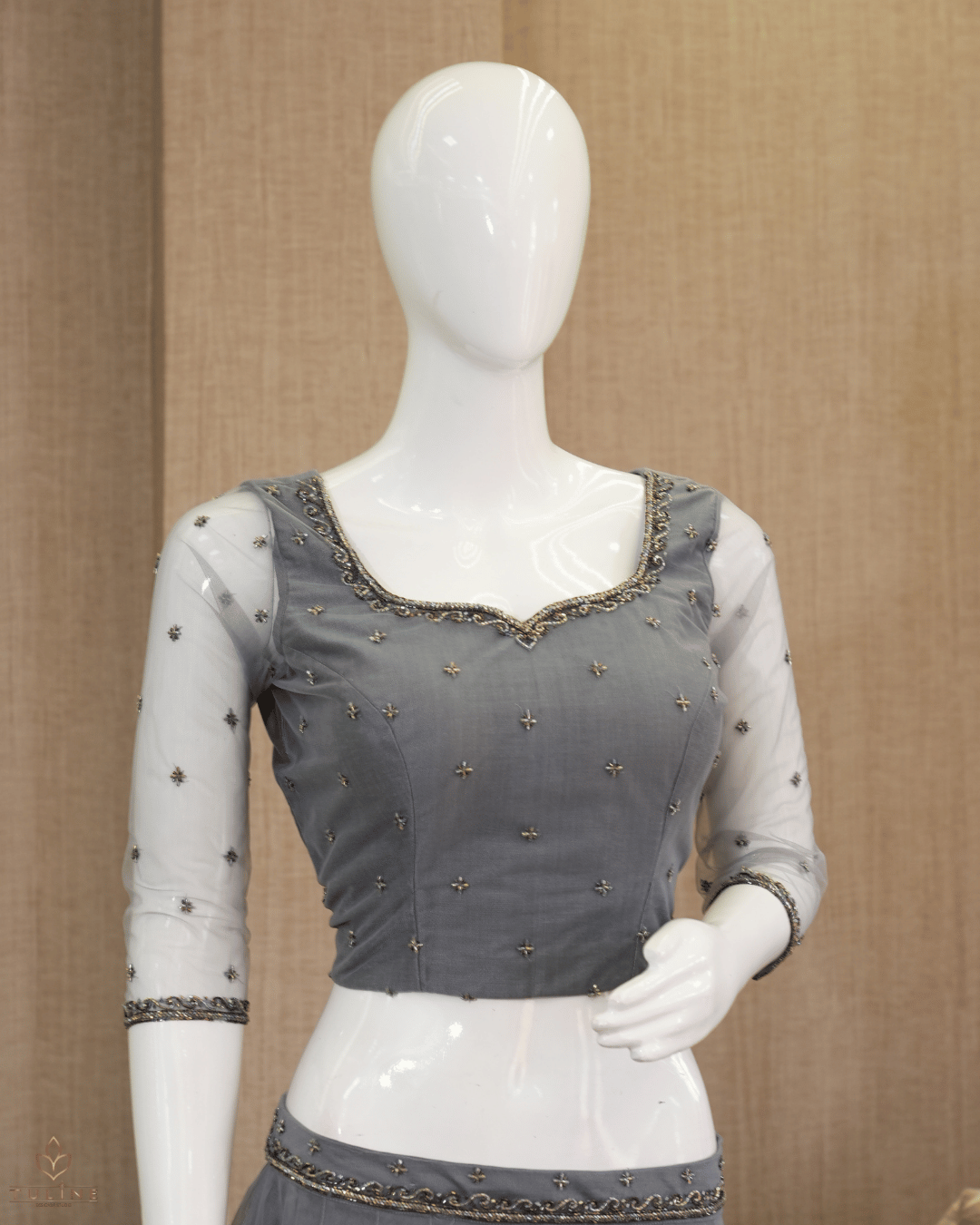 Elegant Cool Grey Net Skirt & Embellished Crop Top Set - Product Code 10296