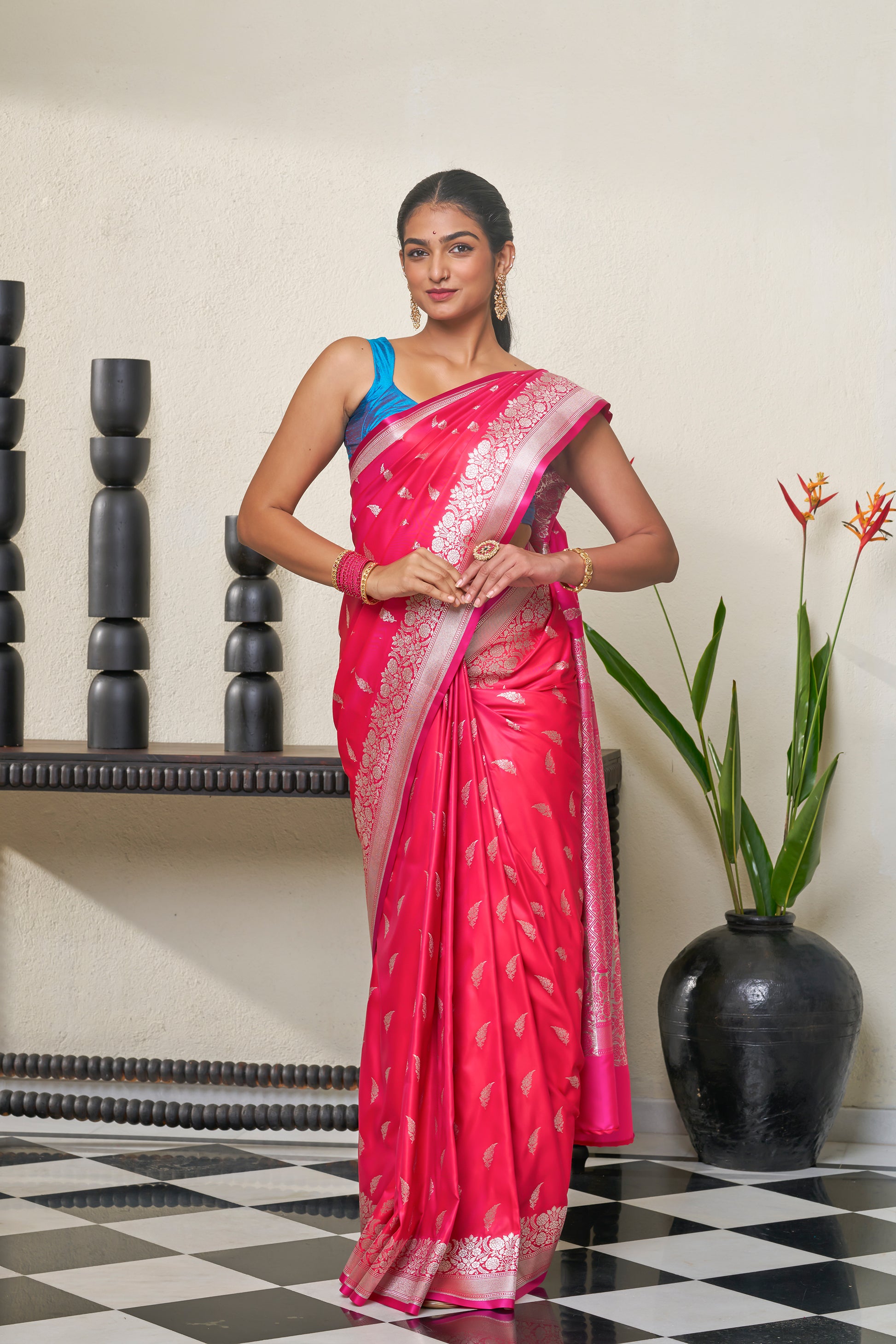 Deep Pink Banarasi Silk Saree