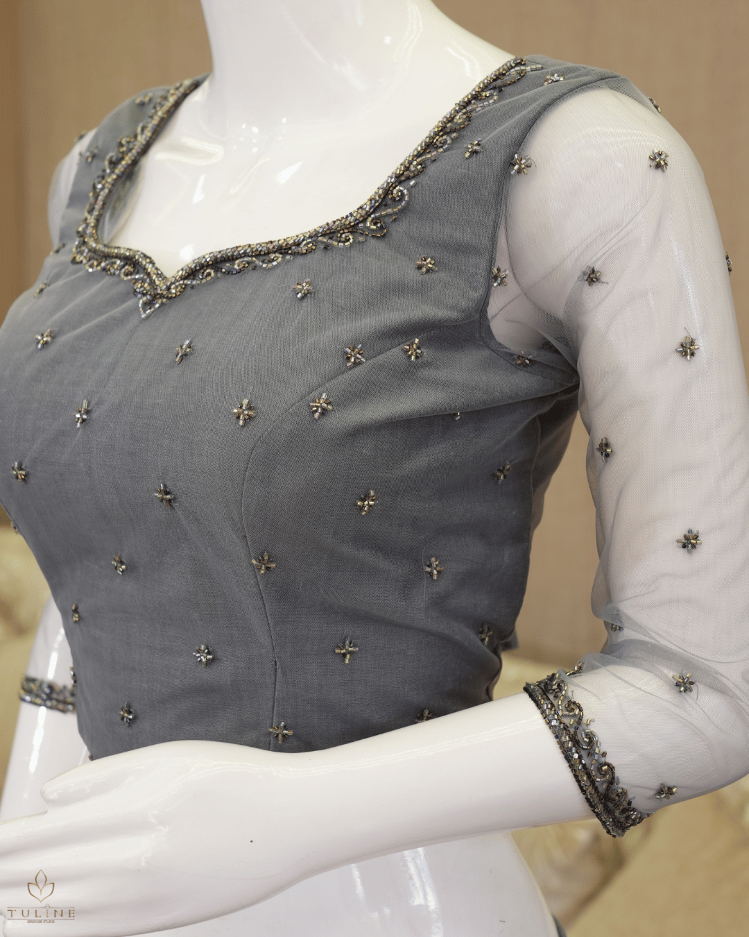 Elegant Cool Grey Net Skirt & Embellished Crop Top Set - Product Code 10296