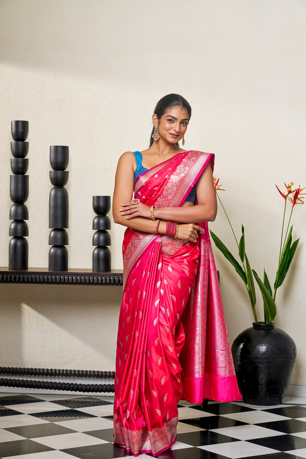 Deep Pink Banarasi Silk Saree