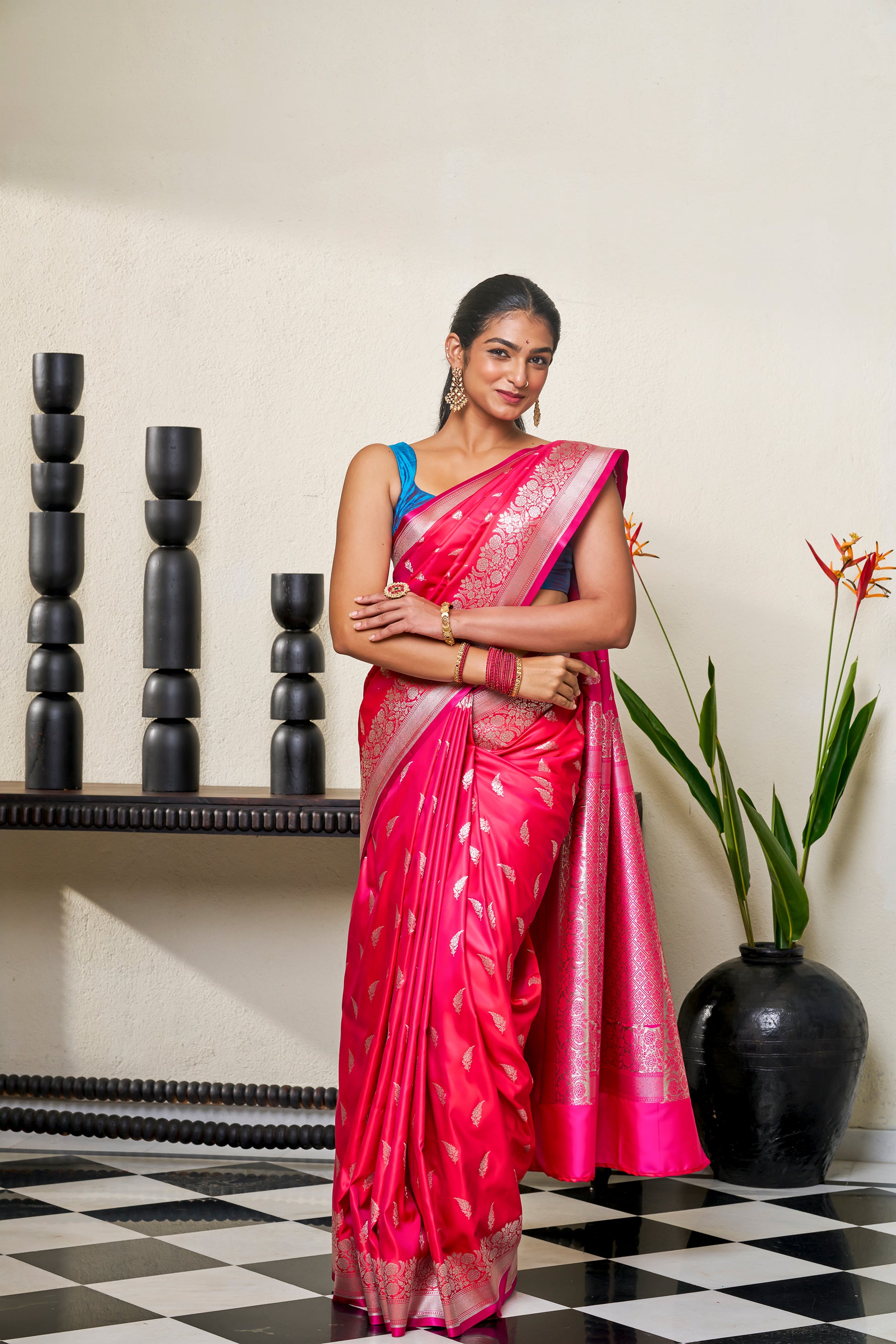 Deep Pink Banarasi Silk Saree