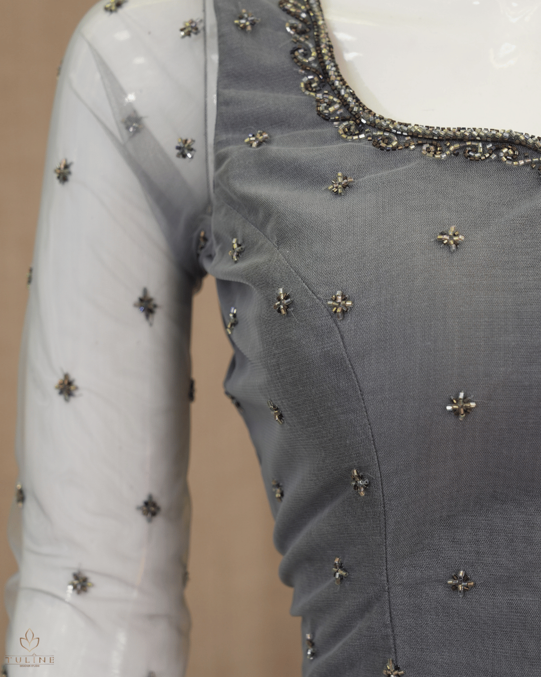 Elegant Cool Grey Net Skirt & Embellished Crop Top Set - Product Code 10296