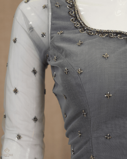 Elegant Cool Grey Net Skirt & Embellished Crop Top Set - Product Code 10296